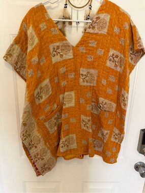 Bohemian Kantha V-Neck Tunic Top in Mustard